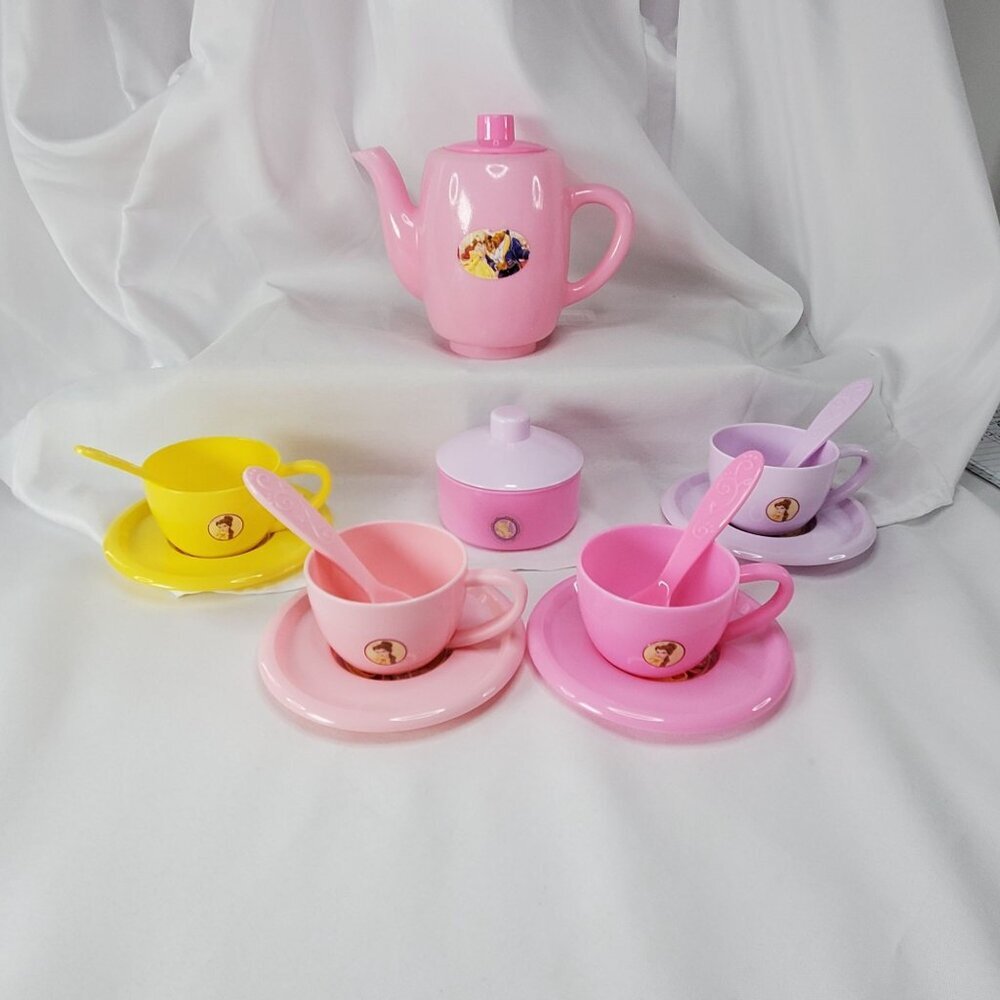 Disney Princess Belle & Beast Childs Play Tea Set Cups Saucers Teapot Spoons - Picture 6 of 12